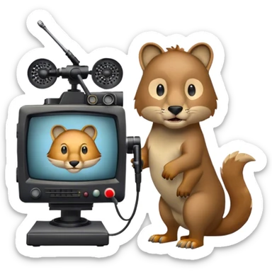 Icon for Documentary TV Show: A TV screen with a microphone, books, historical documents and scientific symbols. Include roaring animals, interview setup with a camera and a serious-looking news anchor or narrator. Transparent background. sticker