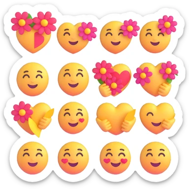 cute, happy, mostly bodyless round 3D emojis with motifs: heart, hug, kiss, flower, gift, loving eyes, peck, handshake, love letter, all smiling, friendly, romantic, transparent background, standard emoji size, 8 different variations sticker