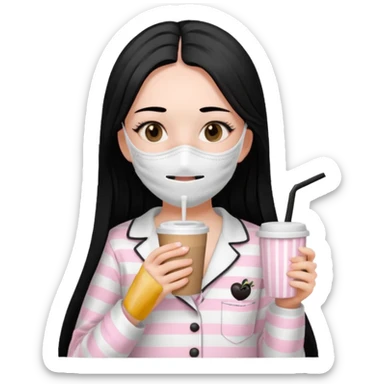 chica de pelo lacio color negro cabellera larga piyama blanca con rayas rosa claras peo no tan claras no oscuras el bordado es negro al igual que los botones )tiene una mascarilla para la carablanca y sostiene y cafe con bolitas nedras al dondo con unsorbete tranparente y es de test blanca  sticker