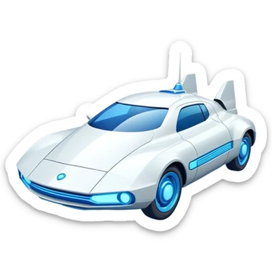 Futuristic retro hover car with angular design and glowing blue wheels, flat vector style, minimal color palette with blue highlights sticker