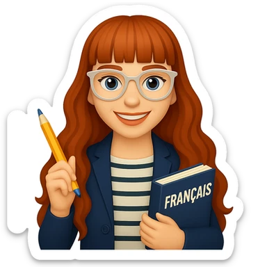 Add straight bangs to her hairstyle, keep her hair very long and wavy, clear-framed glasses, French teacher in a casual chic outfit, holding a pencil and a French textbook, smiling. The style should resemble emoji style. Remove background. sticker