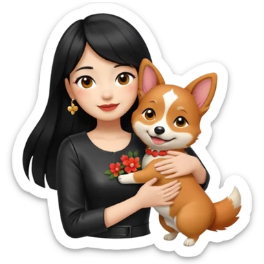 apple-style emoji of an Asian girl with long hair and wispy bangs, black leather dress, gold earrings, subtle false lashes, and a 3/4 sleeve tattoo with flowers on her left arm, hugging a cheerful red head tri-color corgi, simplified, emoji-like sticker
