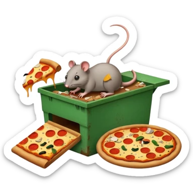 emoji-style icon of a pizza restaurant with a pizza sign, a big rat dragging trash out of an overflowing dumpster, garbage and food scraps scattered, dirty and gross, clear at small size, no text sticker