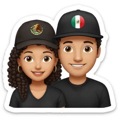 A picture of a cute tanned couple. the man is Mexican, with a bald hair cut wearing a SnapBack hat and a black shirt. the woman is mixed, she has curly longer dark brown hair, thicker and with big boobs  sticker