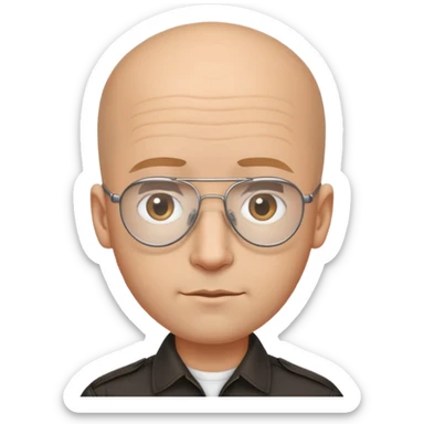 Oval-faced man with large forehead, aviator glasses, completely bald sides with extremely short dark curly hair only on crown, light brown skin, friendly neutral expression, black shirt sticker