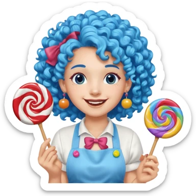 candy shop vendor, looking like candy with candy earrings and candy hair with big smile and blue curly hair sticker