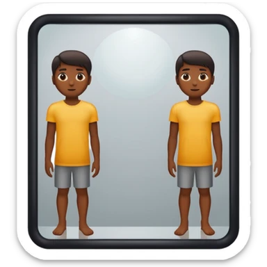 Minimalist emoji-style sticker of a person standing before a mirror, but the reflection is moving differently. Black and gray icon.
 sticker