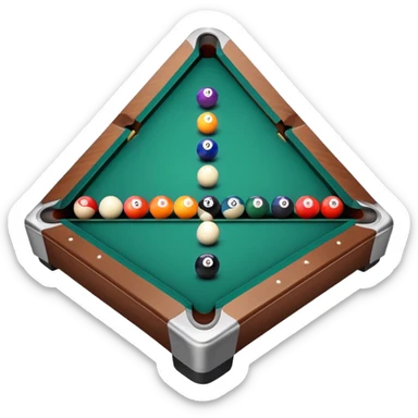 A billiard table with colorful balls arranged in a triangle, and a cue stick poised to break. The scene is set in a dimly lit room, with focused lighting highlighting the balls and table, emphasizing skill, precision, and strategy in the game of pool. sticker
