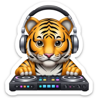 DJ tiger face with headphones and mixing deck for Twitch emote sticker