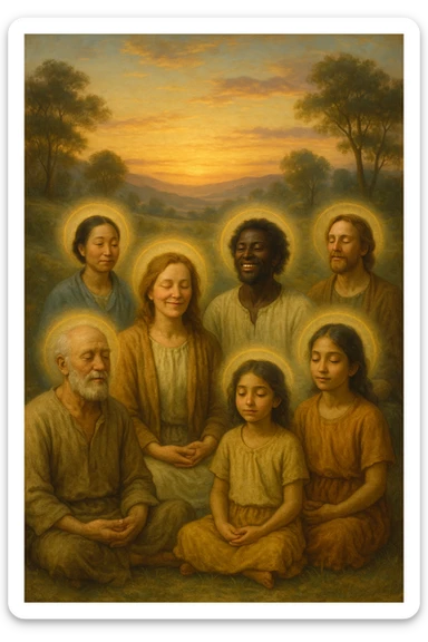 a diverse group of people of different ages and backgrounds sit together in a peaceful natural setting at sunrise, each with serene, joyful expressions. Subtle auras or soft light halos surround them, symbolizing spiritual awakening and inner harmony. The background features gentle hills, trees, and a glowing sky, evoking unity and connection. realistica italiano sticker