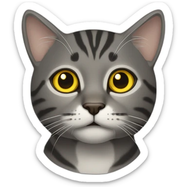 dark gray tabby cat with yellow eyes, black nose, some brown around mouth, tip of left ear missing, brown around mouth sticker