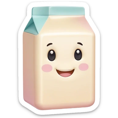 Cinematic adorable milk carton, soft pastel colors, tiny rounded edges, chubby smiling face, warm glowing highlights, gently tilting in a playful pose. sticker