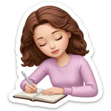 White Barbie girl dark Chestnut bob wavy hair sleeping with In pale creamy clothes, he writes in a notebook sticker