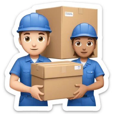 two workers in blue work uniforms and caps carrying a large box, alternate expression sticker