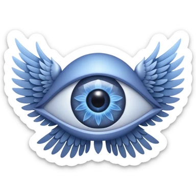 eye with six wings, A non-humanoid emoji in iOS style, shaped like a symmetrical star of six gray feathered wings, no human face, no head, no mouth or nose, only a single large eye in the center, surreal and celestial, resembling a biblical seraphim sticker