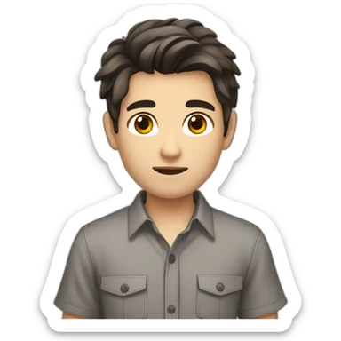 teenage boy with dark brown hair, brown eyes, wearing a short-sleeve button down shirt, thats open, with a grey shirt under it, the boy has white skin sticker