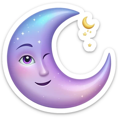 sparkly glossy pastel lilac-gradient crescent moon with a subtle face sticker