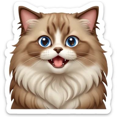 cinematic-adorable-big-eyed-fluffy-brown ragdoll-cat-portrait-emoji,-head-tilted-playfully-with-a-cute,-yawn,-soft-brown-and white-colored-fur-with-darker-points-on-the-ears,-simplified-yet-irresistibly-cute-features, sparkling blue eyes sticker
