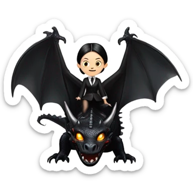 empowered and glamorously dressed, Teen Wednesday Addams Malibu Beach Barbie Jedi flying/riding on the back of a very large black shiny evil-looking fire-spewing horned dragon. proper scale sticker