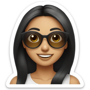 Cute oval shaped face front looking white smiling long black straight hair indian girl wearing round sunglasses sticker