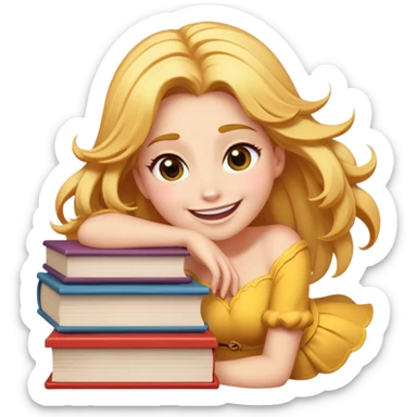 Cinematic Adorable Belle Portrait Emoji, Giggling as she hugs a stack of books, eyes twinkling with excitement, golden hair tousled slightly, a perfect mix of beauty and endearing nerdiness! sticker