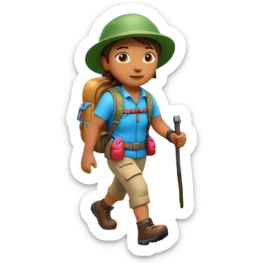 A 3D cartoon hiker walking on a forest trail with flowers and mountains in the distance, bright daylight, Memoji-style. sticker