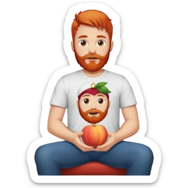 Man with red beard on couch with peach sticker