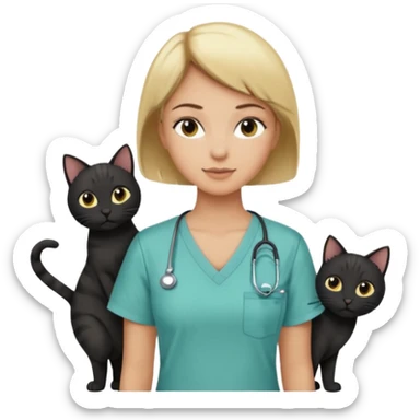 Woman with short blonde hair and tan skin wearing a scrub top with black cats on the scrub top sticker