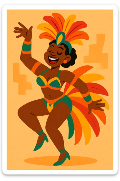 Black individual dancing samba, bright costume, rhythmic movement, celebratory mood sticker