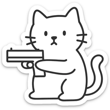 hand-drawn outlined icon of a cat holding a gun sticker