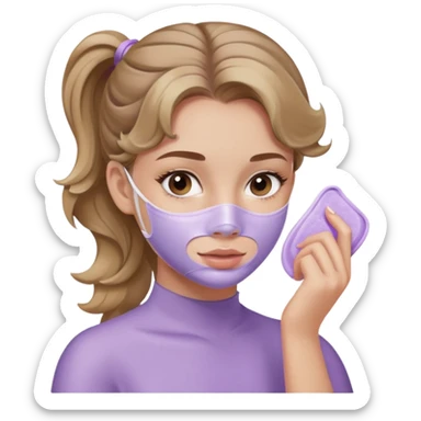 girl with wavy dark blonde hair one ponytail applying lilac skincare mask sticker