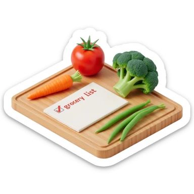 "3D isometric illustration of a wooden cutting board with fresh vegetables (carrot, broccoli, tomato, peas), a paper grocery list with checkboxes, soft lighting, realistic textures, floating shadows, minimalistic style, dark background, modern food planning app aesthetic sticker