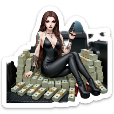 Lilith symbol red eye seductress evil long brown haired sexy succubus woman with leather long dress with slit, sitting in Big Large F350 pickup truck. Black Platform high heels on feet. Tattoo sleeve , seat full of stacks of cash, and a man dead human skull of her enemies and a gun in other hand sticker