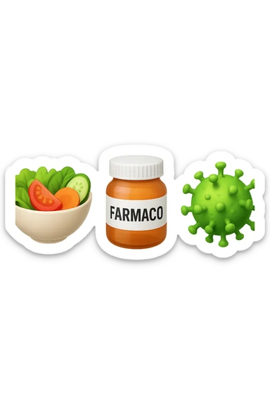 EMOJI STILE IPHONE DI una bowl di insalata, una boccetta di farmaco con la scritta "FARMACO" SULLA BOCCETTA E UN VIRUS, FLUTTUANO IN ARIA, IPERREALISTICO 4K sticker