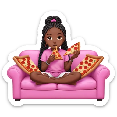 A dark skinned black girl with black box braids with pizza, on a pink couch in comfy outfit sticker