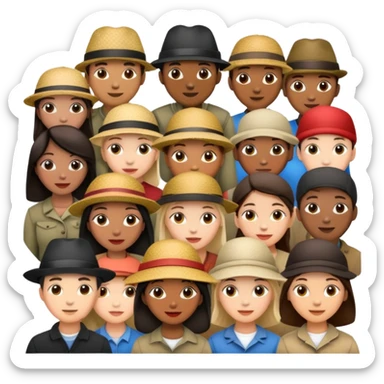 diverse group of people, each with a unique hat sticker