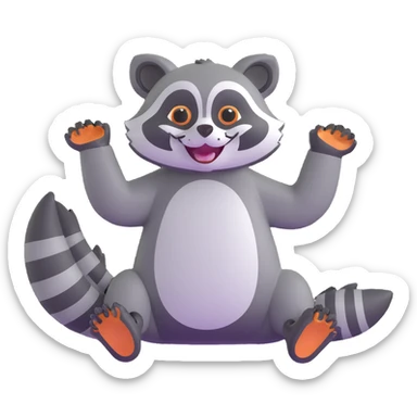 raccoon rolling with laughter, waving both paws, cartoonish sticker