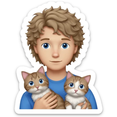 20 year old boy with slightly curly dark blonde hair and blue eyes with cat sticker