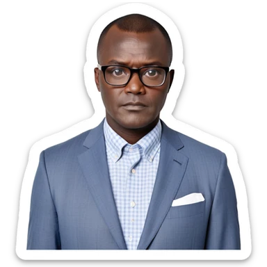 Larger 50-year-old man with extremely wide square face and prominent jawline. Full head of short straight dark hair with some gray, combed neatly to the side. Large dark square-framed glasses. Serious expression. Wearing a light gray blazer over a white button-up shirt with blue checkered pattern. sticker