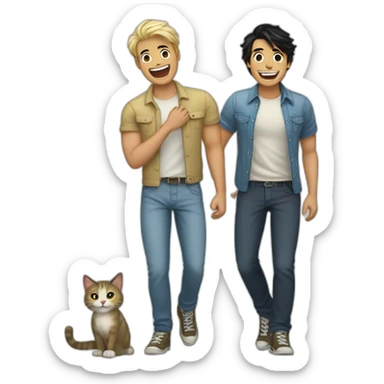 Gay couple, 1 guy Latino black hair and 1 Australian guy blonde hair with a cat laughing full body sticker