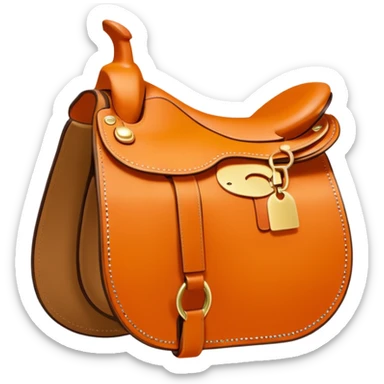 Hermès-style saddle, classic equestrian design, Hermès orange leather with gold details, luxury, simple and cute emoji style sticker