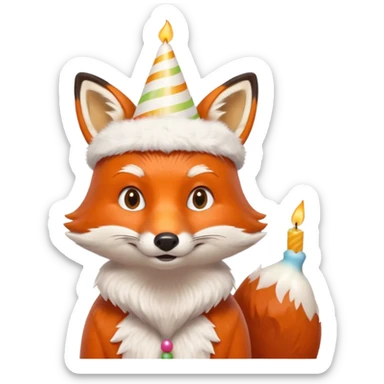 A fox wearing a birthday hat, joyfully blowing candles, portrait, bust up sticker