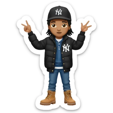 African American boy with short black dreadlocks wearing a black New York Yankees logo baseball cap wearing a black bubble winter coat wearing denim skinny jeans and timberland boots with hands pointing out at someone sticker