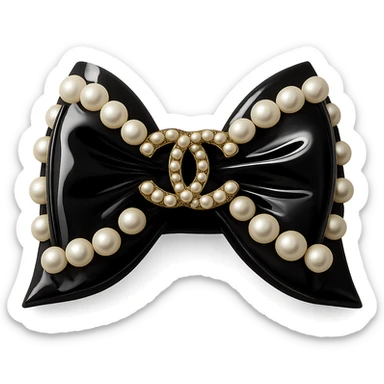 Add a solid white background behind an elegant bow with pearls and a gold Chanel logo, in a glossy, monochrome, realistic style with soft reflections and highlights. sticker