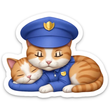 emoji of sleeping cat, its pose is lying, it has on his head FedEx uniform cap, blue color sticker