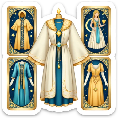 Tarot style wardrobe card showing elegant clothing items with celestial symbols, mystical style definition sticker