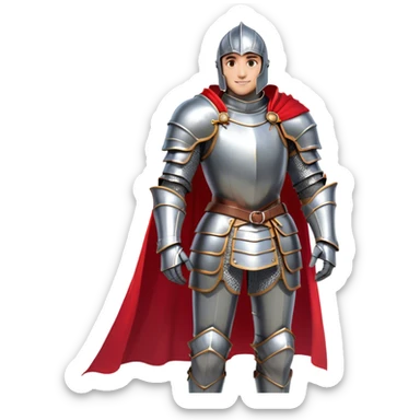 Create a side-view RPG character asset in a clean. The character is a brave knight with exaggerated, rounded features and minimal linework. They wear polished armor in silver tones, with a bright red cape flowing behind them. The face should have large, expressive eyes and a friendly smile that’s clearly visible even from the side view. Keep proportions simple and cartoony. The stance is slightly turned to emphasize the character’s side profile (facing right), with one hand on the hip and the other resting on a sheathed sword at the waist. The colors should be vibrant and easy to read, with smooth shading reminiscent of typical emoji designs. Include two variations: one idle pose and one simple walking pose, each capturing the playful, streamlined look of emoji-like characters. sticker
