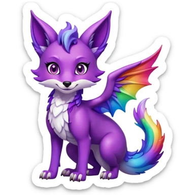 Black Cartoon female Fox dragon hybrid purple eyes with wings face front full body dark rainbow colored sticker