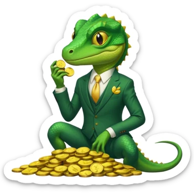 cunning capitalist lizard in a suit, leaning on a pile of gold coins sticker