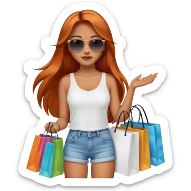 Mujer joven con cabello largo cobrizo gafas de sol vestida con top blanco y short de jean con bolsas de compras de sephora sticker